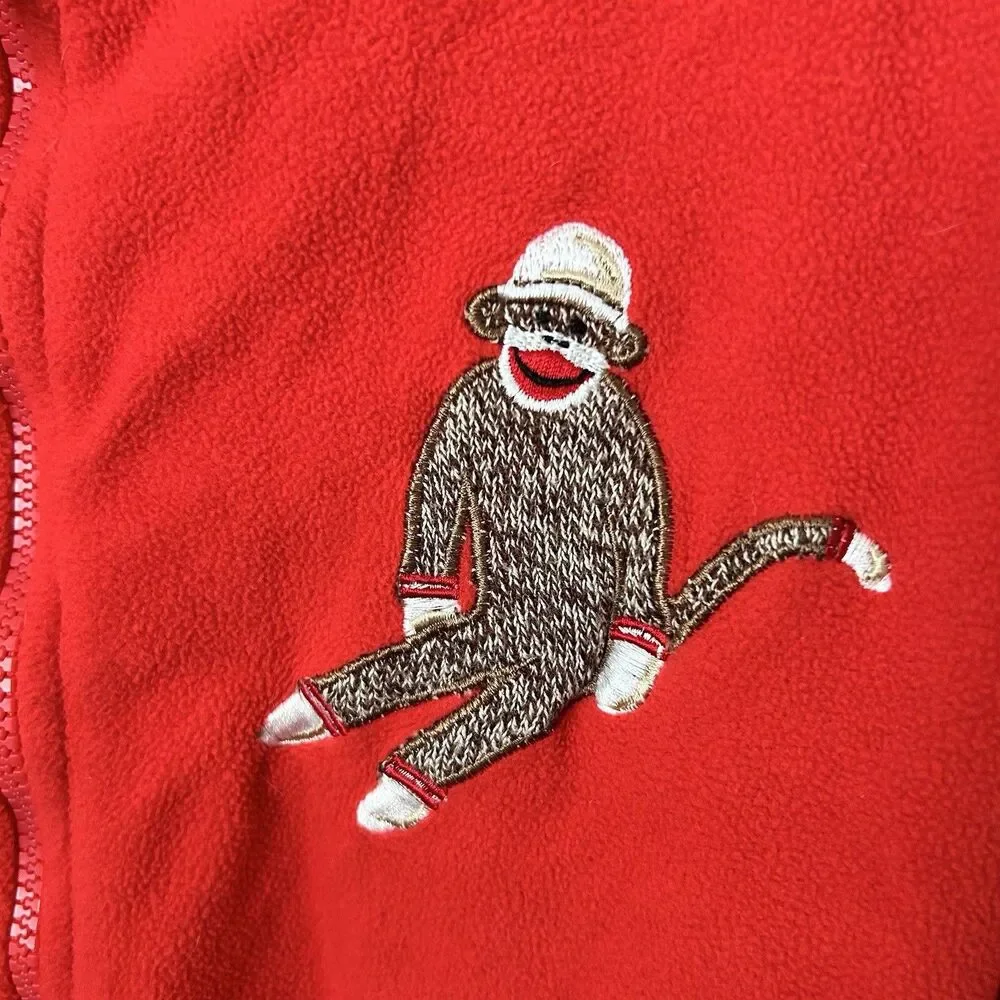 Sock Monkey Footie Fleece Adult Pajamas Pockets Zip Red Animal Sleepwear Large